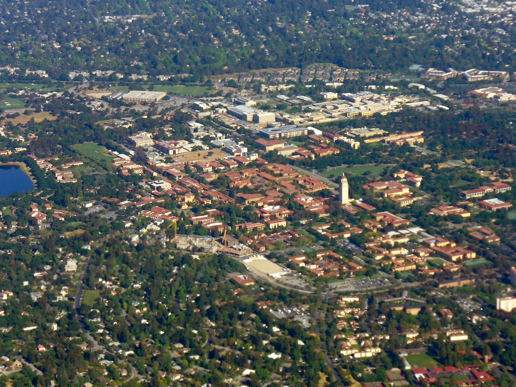Aerial view of Stanford University campus showing Main Quad and Hoover Tower in Palo Alto, California