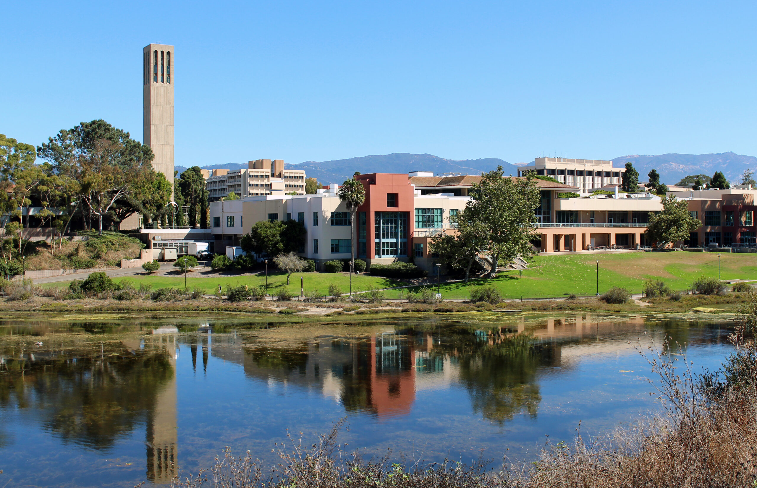Storke Tower and the UC Santa Barbara campus lagoon
