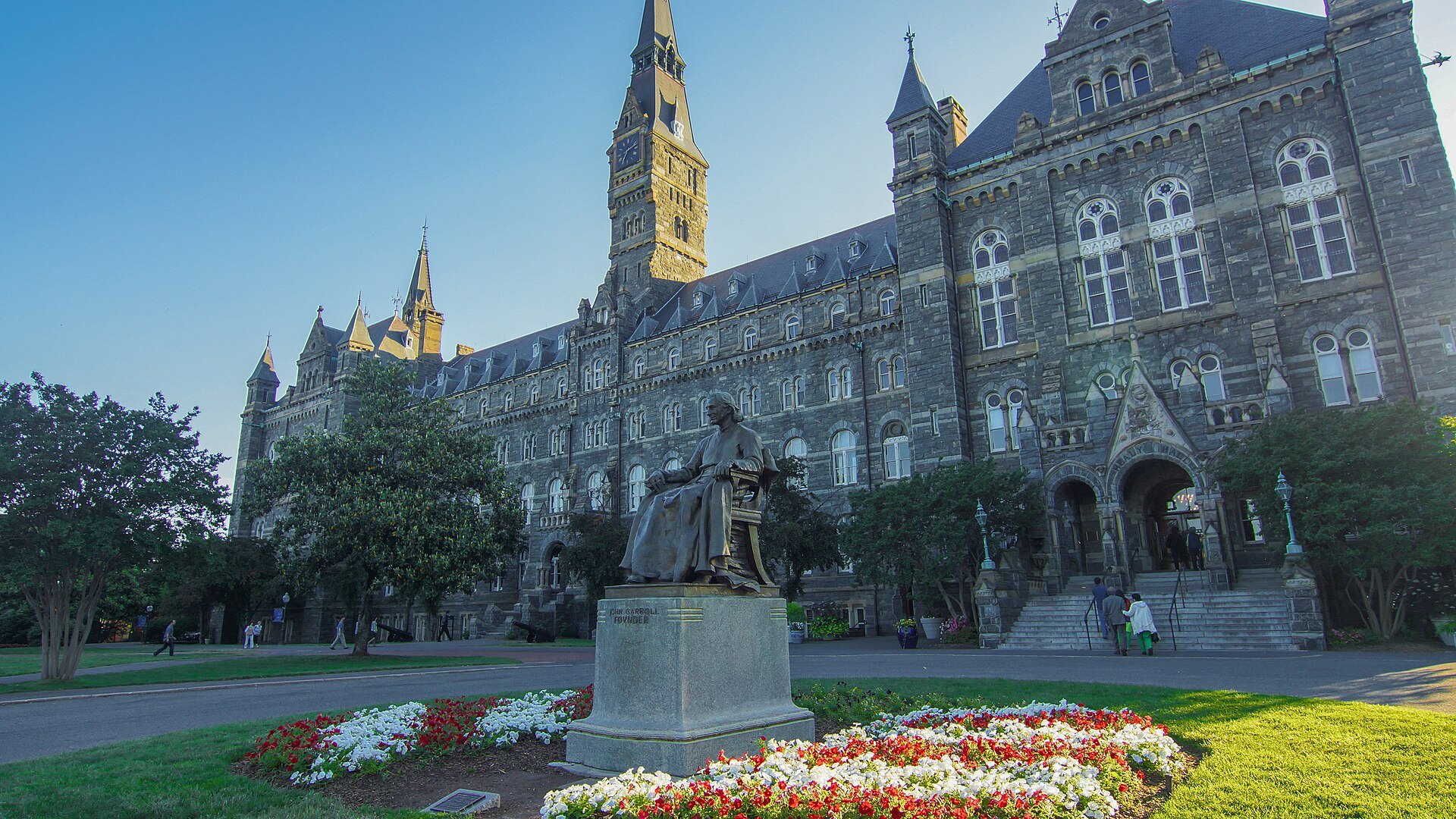 Healy Hall, a Gothic Revival stone building with a tall clock tower, at Georgetown University in Washington, D.C.
