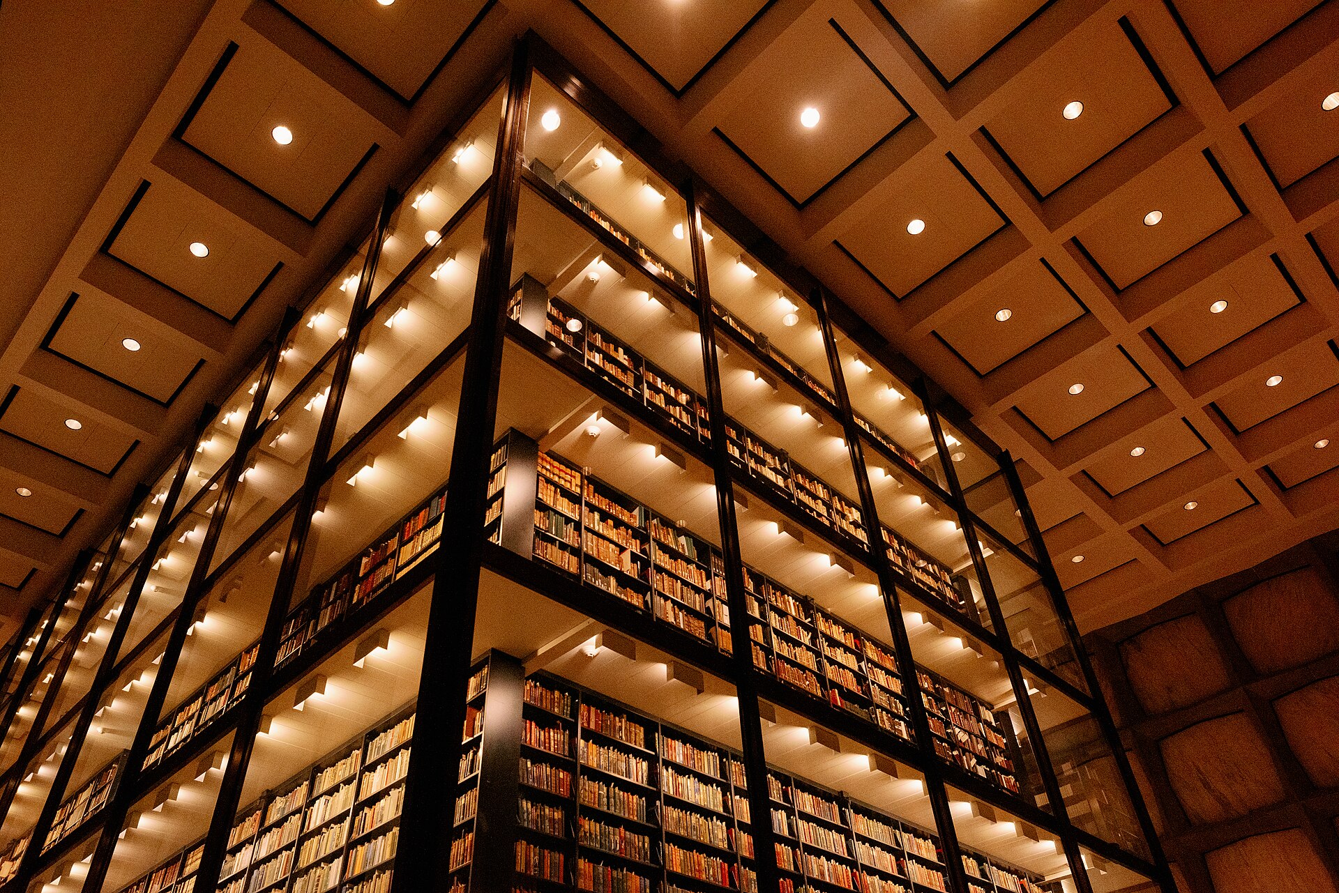 The glass tower of rare books inside the Beinecke Rare Book and Manuscript Library at Yale University