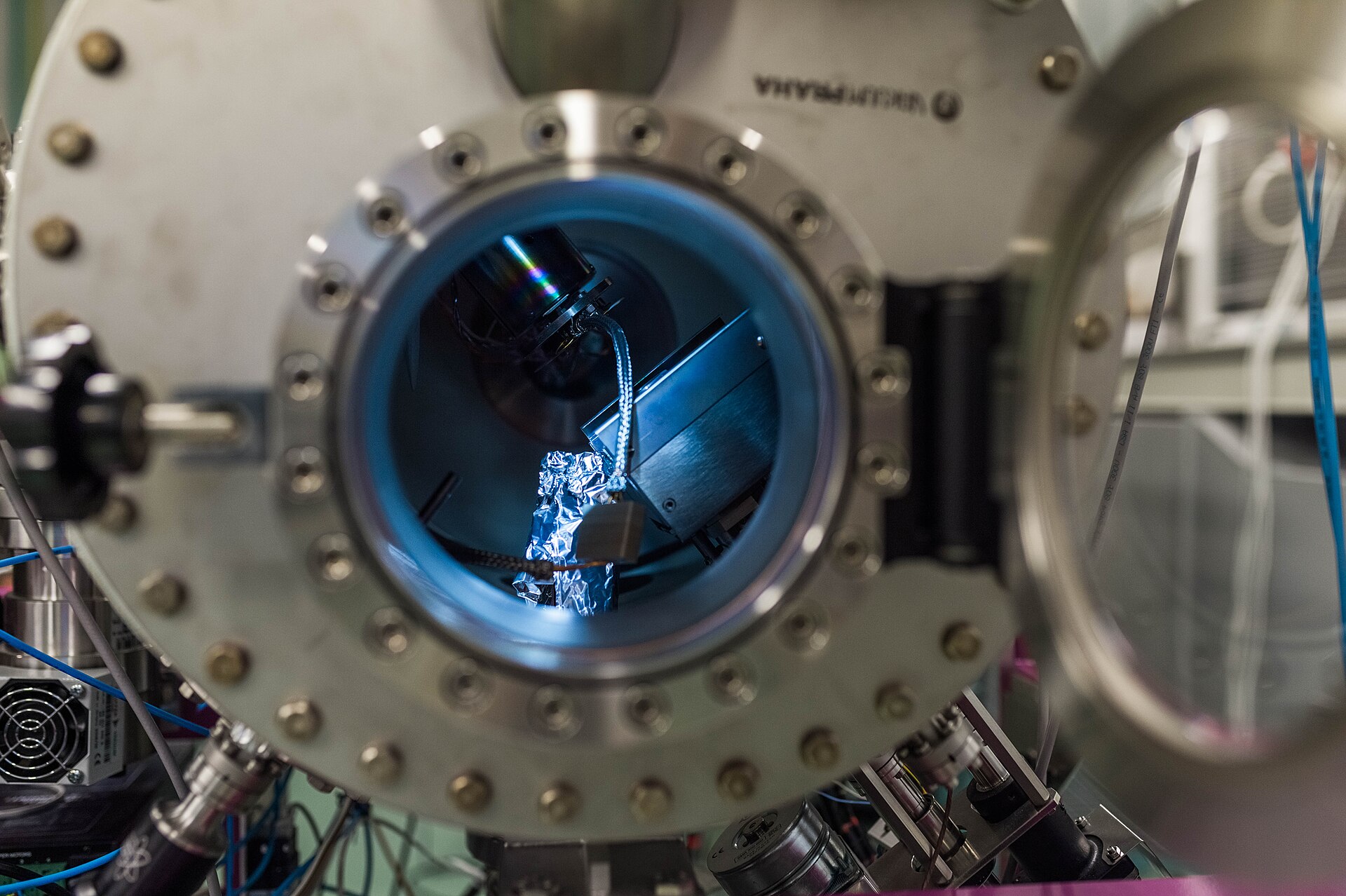 Inside the chamber of a hybrid laser deposition system at the Institute of Physics of the Czech Academy of Sciences
