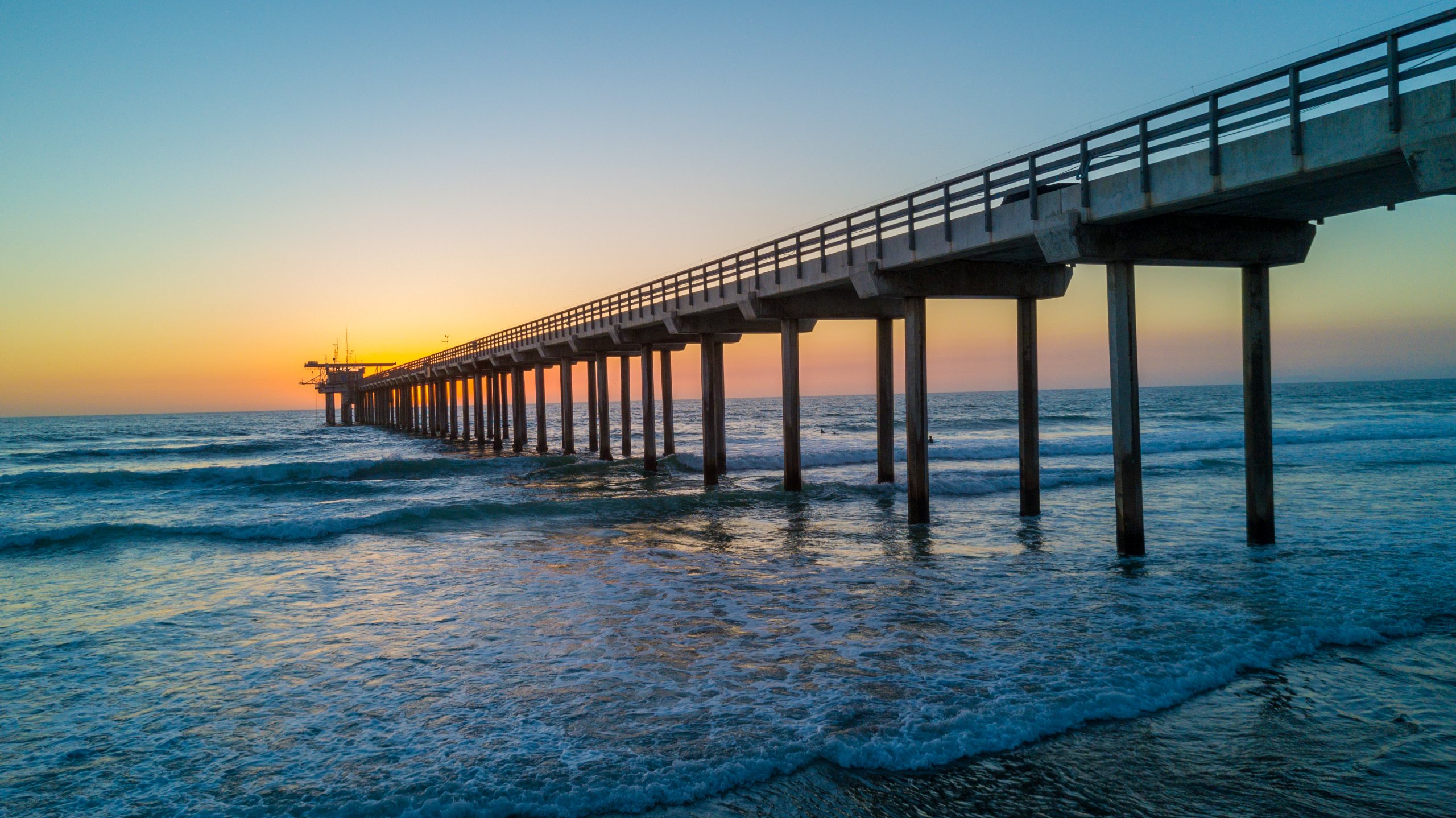 The Ellen Browning Scripps Memorial Pier at UC San Diego Scripps Institution of Oceanography in La Jolla at sunset